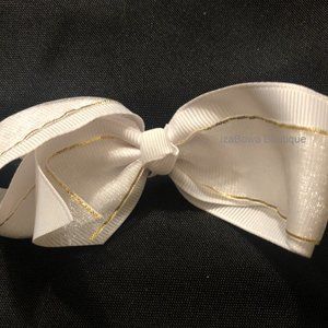 White with Gold Overlay Ribbon 4" 1/2 Twist Bow   -kids-  4B2852  Handmade NWT